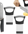 YuCool onion slicer set: stainless steel blades with two onion-holders and a crinkle cutter knife, black handles