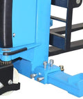 Close-up of the base and wheels of the Semi Electric Straddle Stacker And Powered High Lift Pallet Forklift With Adjustable Forks.