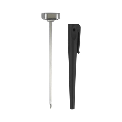 Digital Instant Read Kitchen Thermometer With LCD Display And Stainless Steel Probe Recalibratable, shown with protective sleeve