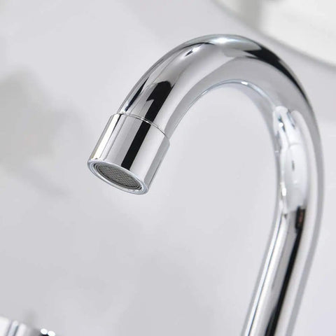 Close-up of a Chrome Finish Widespread Bathroom Sink Faucet with 8 Inch Spread for 3 Hole Vanities, curved spout detail.
