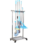 Movable Mop And Broom Holder Cart Rolling Cleaning Tool Rack Stainless Steel Stand holding mops and brooms