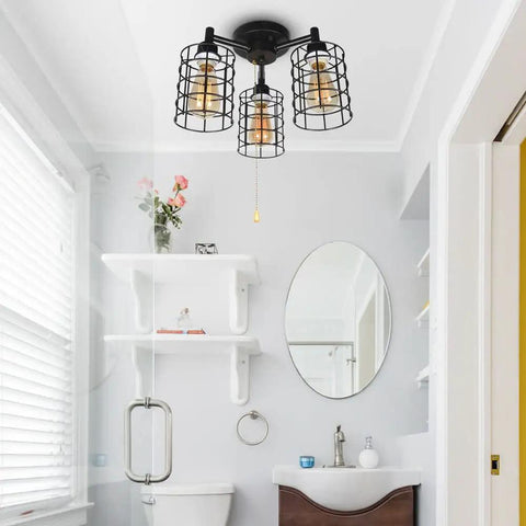 Industrial Black Ceiling Light With Pull Chain And Metal Wire Cage Semi Flush Mount Steampunk Edison Style Fixture 3 Light