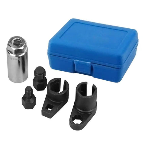Pro Grade O2 Oxygen Sensor Socket Wrench Set With Removal Tool And Thread Chaser, Three Eighths Inch Drive And One Half Inch Drive, Includes Seven Eighths Inch 22mm Sensor Socket, Low Profile Six Point Design For Tight Access With Wiring Harness.
