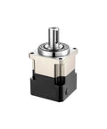 Compact Planetary Speed Reducer Gearbox Built Solid As A Rock For CNC Machining shown from the side with shiny metal and black housing.