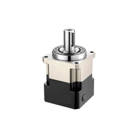 Compact Planetary Speed Reducer Gearbox Built Solid As A Rock For CNC Machining shown from the side with shiny metal and black housing.
