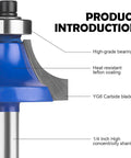 Close-up of 1/4 inch tungsten carbide router bit with teflon coating from 24 Piece Quarter Inch Shank Tungsten Carbide Router Bit Set for Woodworking Pros and Beginners with Mortising Dovetail Bevel 90 Degree V Grooving Round Nose Flush Trim Straight Round Over Cove Panel Pilot Bits