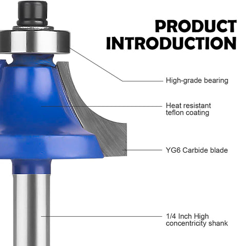 Close-up of 1/4 inch tungsten carbide router bit with teflon coating from 24 Piece Quarter Inch Shank Tungsten Carbide Router Bit Set for Woodworking Pros and Beginners with Mortising Dovetail Bevel 90 Degree V Grooving Round Nose Flush Trim Straight Round Over Cove Panel Pilot Bits