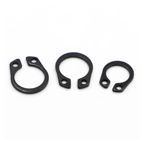 Heavy Duty Internal Shaft Circlips Top Shelf Manganese Steel Precision Retaining Rings set of three sizes on white background.