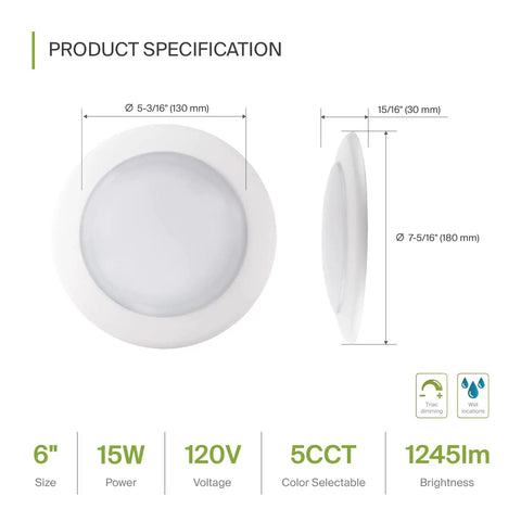 LED Disk Lights 6 Inch Low Profile Dimmable Flush Mount Ceiling Fixture 2700K To 5000K Adjustable Color Specification