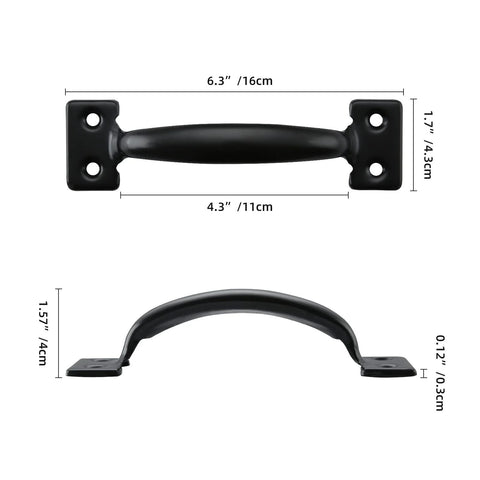 Front and side view of 20 Pack 6-1/2 Inch Gate Pull Door Handles Metal Gate Pulls for Kitchen Cabinets Wardrobes Closets and Drawers with Screws Black Finish Heavy Duty Durable Hardware for Easy Install Quick Install.