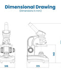 Dimensional drawing of Student Compound Microscope EXM50 With Monocular Head 40x To 400x Magnification, shown in millimeters.