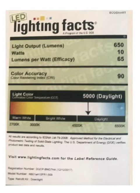 Lighting facts label showing specifications for Five And Six Inch Daylight Integrated LED Recessed Trim, 5000K, 650 lumens, 10W.