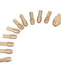 Top Shelf 11 Pc Copper Drill Chuck Collet Set For Engraving Tools gold finish collets and chuck arranged in a row.