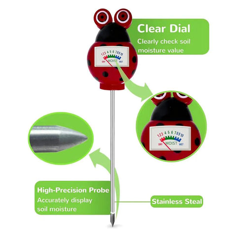 Close-up view of Two-Pack Battery-Free Soil Moisture Meters For Plants, Green And Red, Pro Grade Sensor, showing dial and probe.