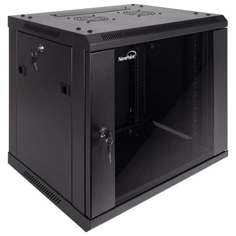 Heavy Duty 9U Wall Mount Server Cabinet Built Like A Tank Network Storage Rig featuring lockable glass door and dual fan cooling.