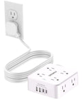 Knockout Ten Foot Extension Cord With Eight Separate Outlets And Four Fast USB Charging Ports Including Two USB C Plugs at a wall outlet.