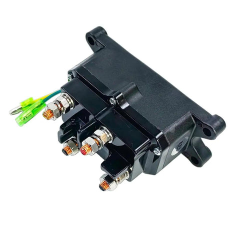 12V 250A Winch Solenoid Relay Contactor with terminal caps and rocker thumb switch for ATV UTV 1500Lb-5000Lb capacity, side view