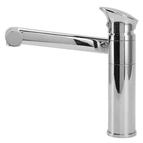 Maqulae Metal Basin Faucet with Hose, Single Hole Sink Tap for Kitchen, shiny chrome finish, angled spout for easy use.