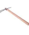 Stainless Steel Pickaxe Mattock For Gardening And Outdoor Work Handheld Tool with wooden handle on white background.