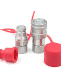 Beefy Half Inch Hydraulic Flat Face Quick Connect Couplers For Heavy Duty Fittings And Hydraulic Tooling ISO 16028 ISO 12.5 Compatible Male And Female Sides Skid Steer Hydraulics Connector Industrial Grade Fitting with red dust caps