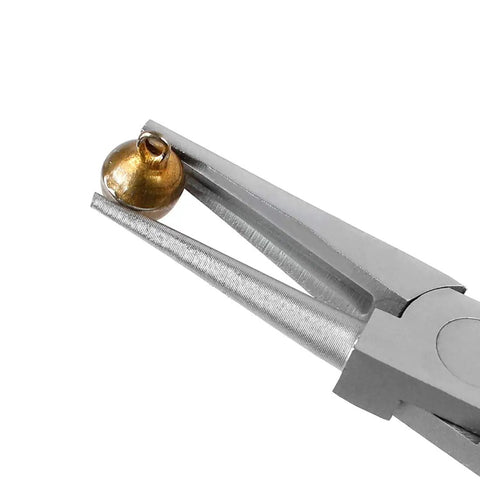 Close-up of round nose pliers holding a brass bead from 7 Piece Jewelry Pliers Set For Beading And Wire Wrapping Includes Needle Nose Pliers Round Nose Pliers Bent Nose Pliers And Wire Cutter Pro Grade Tool Kit Great For Beginners And Pros For Jewelry Making Beads And DIY Craft With Carrying Pouch