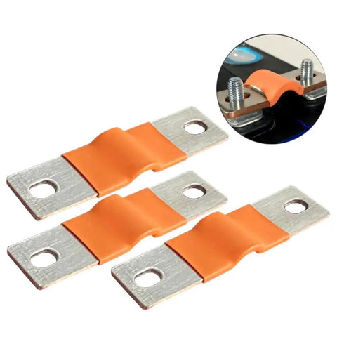 3 nickel plated copper bus bars with orange insulation for solar arrays and batteries, featuring secure mounting holes.