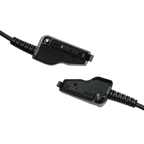 Close-up of cable connectors for Hands Free Speaker Microphone For Kenwood Radios NX And TK Series Remote Shoulder Mic.