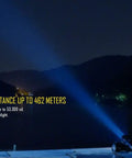 EA81 Cree XHP50 Powerhouse AA Searchlight Flashlight with 2150 Lumens and 462m Throw, beam lighting up nighttime landscape
