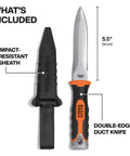 Double Edged Duct Knife With Serrated Stainless Steel Blade For Duct Board And Insulation, 5.5 inch, with sheath shown