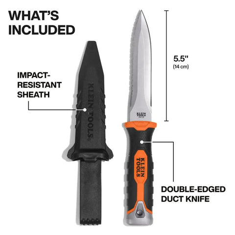 Double Edged Duct Knife With Serrated Stainless Steel Blade For Duct Board And Insulation, 5.5 inch, with sheath shown