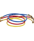 Colorful HVAC hoses with connectors, illustrating the product's use in heavy duty bronze ball valve ends 3 pack for HVAC R systems.