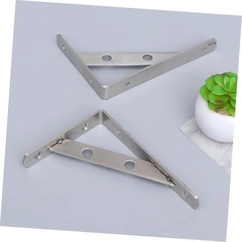 Heavy Duty L Shelf Brackets 6 Pack Stainless Steel Corner Braces low profile right angle wall mounts displayed on a surface.