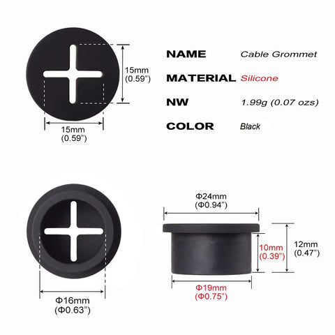 3/4 Inch Cable Grommet Set For Desks And Furniture, Silicone Rubber Black Hole Covers, dimensions and weight shown