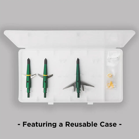 100 Grain Mechanical Broadheads With Two Blade Expandable Design And 2.0 Inch Cutting Diameter Featuring Patented Two Slice Technology in reusable case