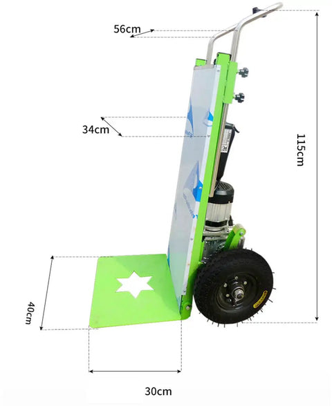 Kick Back And Roll Easy With This Badass 250KG Electric Stair Climber Hand Truck powered by 850W motor, shown with dimensions.