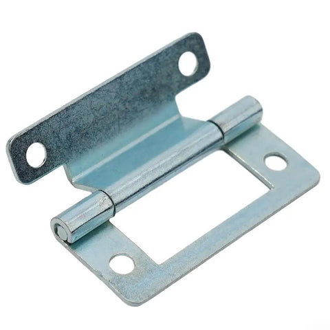 Beefy Cranked Flush Cabinet Hinge in Steel with Zinc Plating for 15 to 19mm Cupboards and Mobile Home Doors, shown at an angle.