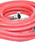 Heavy Duty Three Quarter Inch Red Rubber Air Hose 100 Feet Long Featuring Chicago Style Quick Connect Plugs Rated To 300 Psi coiled on a surface.