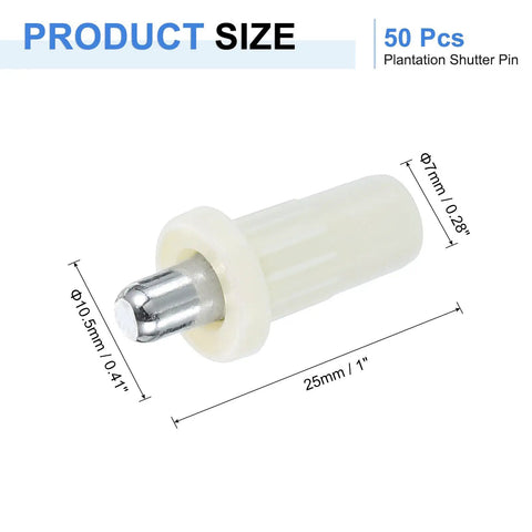 Kickass Spring Loaded Plantation Shutter Repair Pins For Window Louvers 50 Pack Metal Replacement Hardware showing size and dimensions.