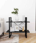 Two Tier Black Book Cabinet With Engineered Wood Shelves in living room, decorated with vases and frames, compact 31.5 x 11.8 x 27.6 inches