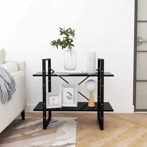Two Tier Black Book Cabinet With Engineered Wood Shelves in living room, decorated with vases and frames, compact 31.5 x 11.8 x 27.6 inches