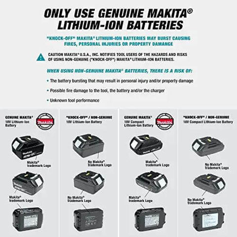 Comparison of genuine Makita lithium-ion batteries with knock-off alternatives highlighting safety risks and performance issues