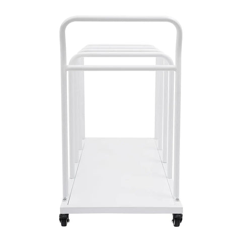 Heavy Duty Metal Carton Cart Stand With Swivel Wheels And Grip Handle Smooth Rolling White Steel Cardboard Box Holder For Warehouse seen from the front