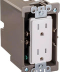 Retrofit Single Gang Wall Box for Stud or No Stud Install Old Work Electrical Box with One And A Half Inch Toggle Depth for Smart Devices Outlets or Switches Heavy Duty Mount Supports Up to 50 Pounds, side view with outlet