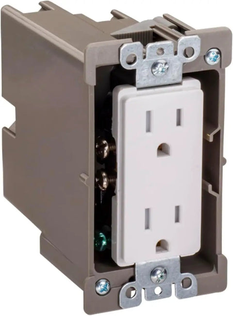 Retrofit Single Gang Wall Box for Stud or No Stud Install Old Work Electrical Box with One And A Half Inch Toggle Depth for Smart Devices Outlets or Switches Heavy Duty Mount Supports Up to 50 Pounds, side view with outlet