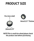Diagram showing Eight Piece RC Car Wheel Set with Durable Rubber Tires, 20mm diameter wheels, fits 2mm shafts, plug and play.