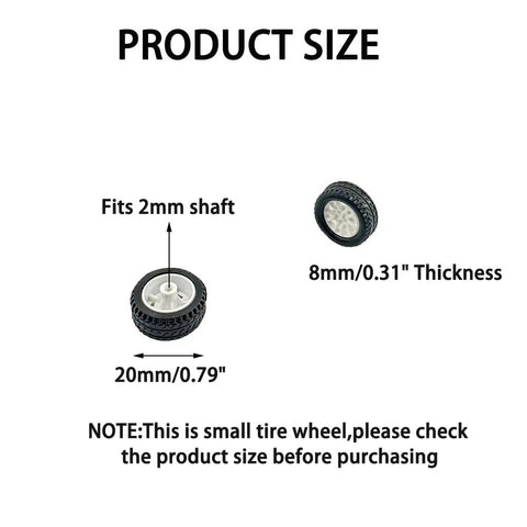 Diagram showing Eight Piece RC Car Wheel Set with Durable Rubber Tires, 20mm diameter wheels, fits 2mm shafts, plug and play.