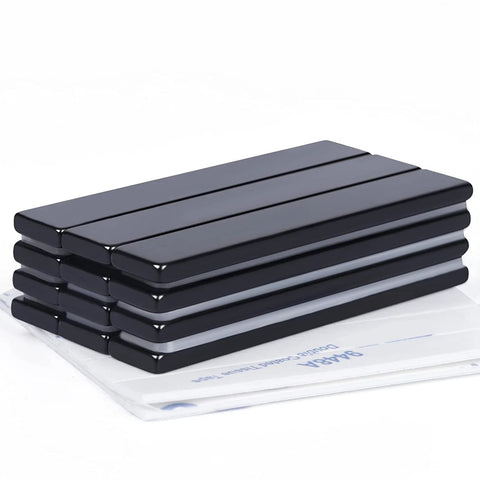 Front view of six black neodymium bar magnets with epoxy coating and adhesive, 60 × 10 × 3 mm, 12-pack