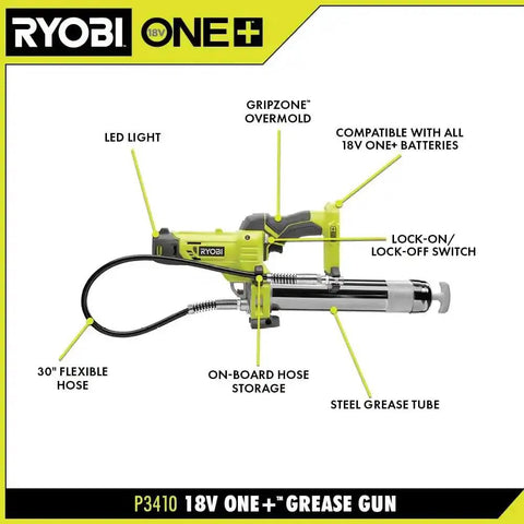 18V cordless grease gun with LED light, 30-inch flexible hose, and gripzone overmold for auto maintenance lubrication