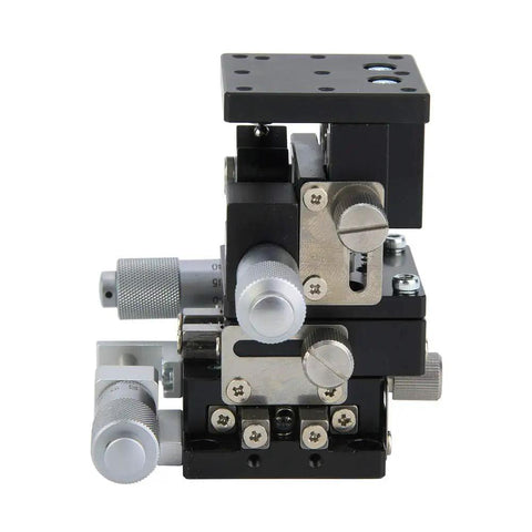 Side view of Manual XYZ Linear Stage With 40x40mm Sliding Table For Optical Instruments, smooth guide, 3-axis micrometer, precision adjustments.
