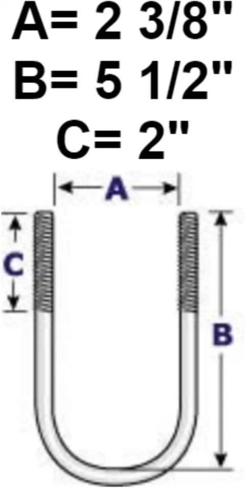 Heavy Duty Trailer U-Bolts Kit For 3500 Lb Axles With Two And Three Eighths Inch Round U-Bolts, One And Three Quarter Inch Wide Springs, One Half Inch U-Bolt, Five And A Half Inch Long, Includes Mounting Plates And Flange Nuts. U-bolt size diagram with A=2 3/8 in, B=5 1/2 in, C=2 in